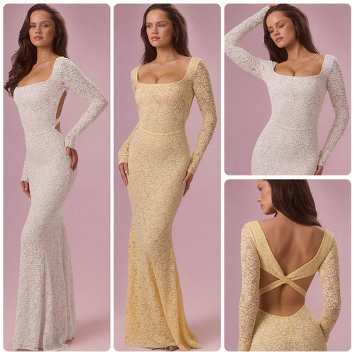 Damen Elegantes Spitzen-Maxikleid mit taillierter Silhouette und langem Arm Nord Taschen