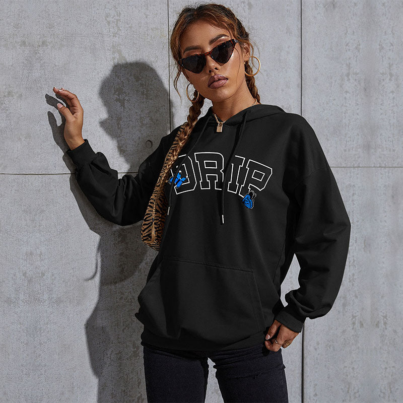 Damen Oversize-Kapuzenpullover mit Kängurutasche und Schmetterling-Stickerei Nord Taschen