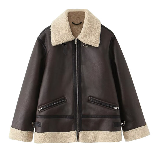 Damen Oversize-Fliegerjacke aus Kunstleder mit Teddykragen und Zipper-Taschen Nord Taschen
