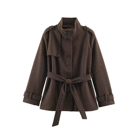 Damen Kurzmantel im Trenchstil mit Bindegürtel, Schulterpatten und Stehkragen Nord Taschen