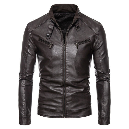 Herren Slim-Fit Kunstleder-Bikerjacke mit Stehkragen, Reißverschlusstaschen und weichem Innenfutter Nord Taschen