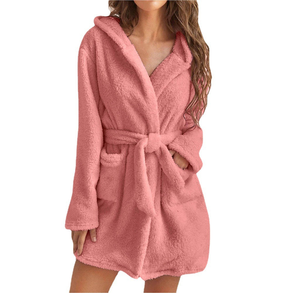 Damen Fleece Bademantel mit Kapuze und Gürtel