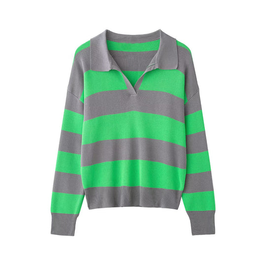 Damen Gestreifter Rugby-Polo-Pullover mit V-Notch und Cropped-Saum Nord Taschen