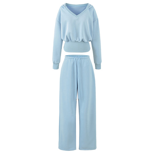 Damen Komfort-Lounge-Set mit kurzem V-Kapuzenpullover und hochgeschnittenen Weitbein-Joggern Nord Taschen