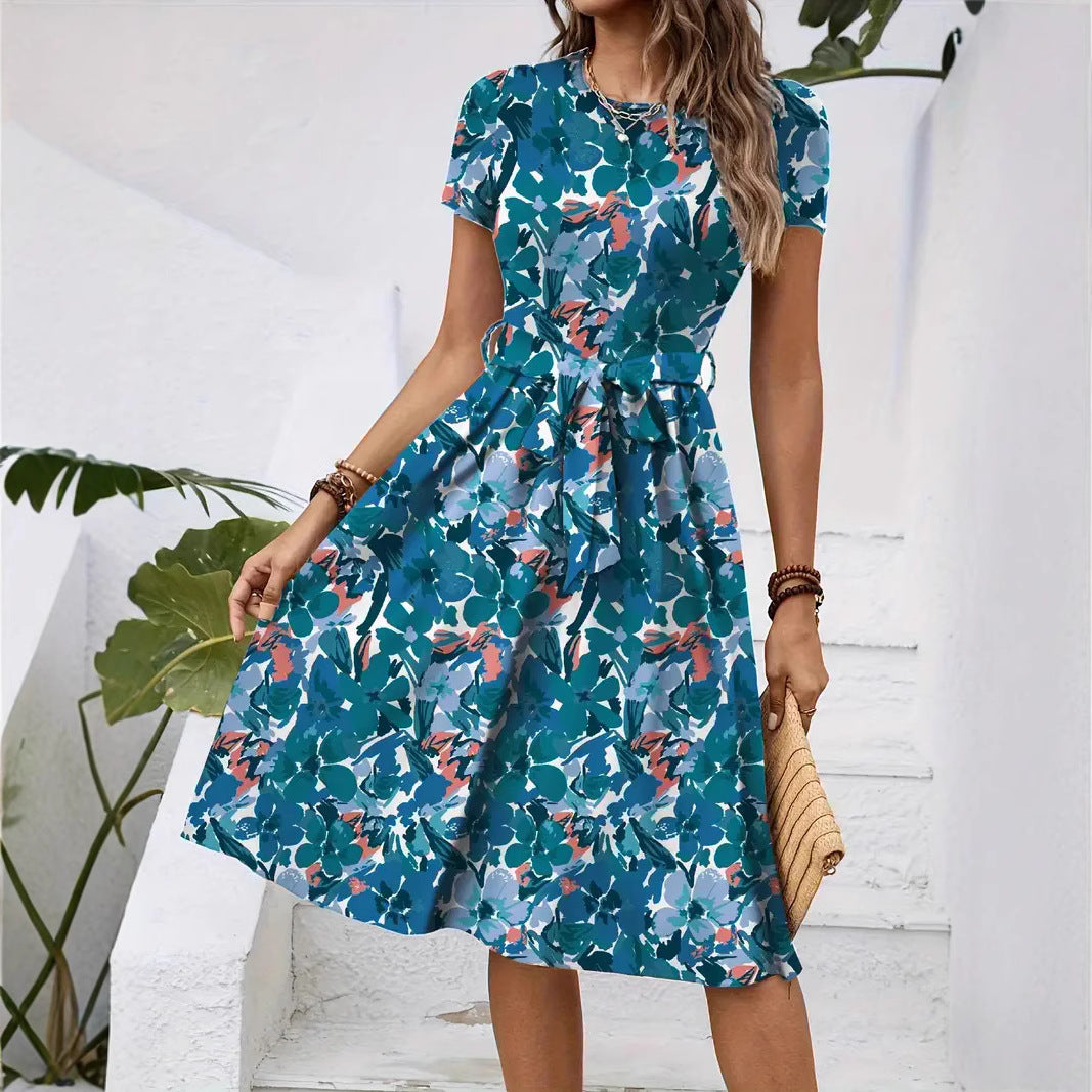Damen Elegantes Midikleid mit floralem Design und Taillengürtel Nord Taschen
