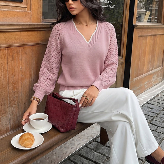 Damen Feinstrickpullover mit tiefem V-Ausschnitt, Ajour‑Ärmeln und geripptem Saum Nord Taschen