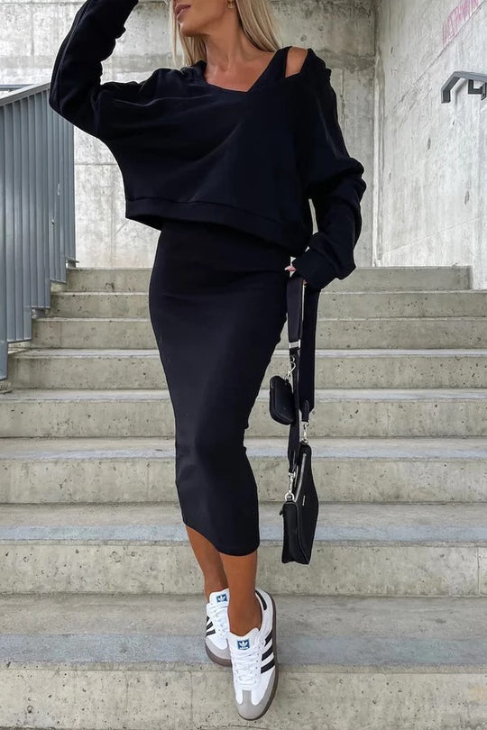 Damen Casual-Set Cropped-Sweatshirt mit Cut-Out-Trägern und High‑Waist Midirock aus Stretch-Fleece Nord Taschen