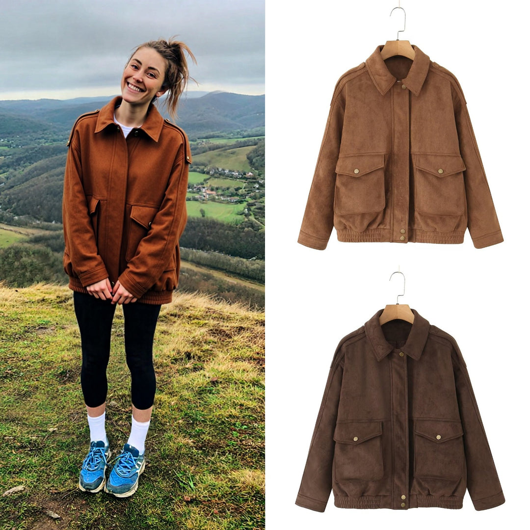 Damen Oversize Wildlederoptik-Bomberjacke mit Pattentaschen und elastischem Saum Nord Taschen
