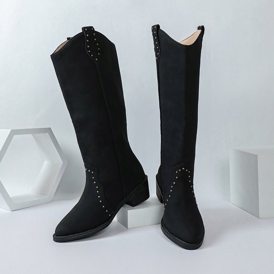 Damen kniehohe Veloursleder-Stiefel mit dekorativer Lochstanzung und mittlerem Blockabsatz Nord Taschen