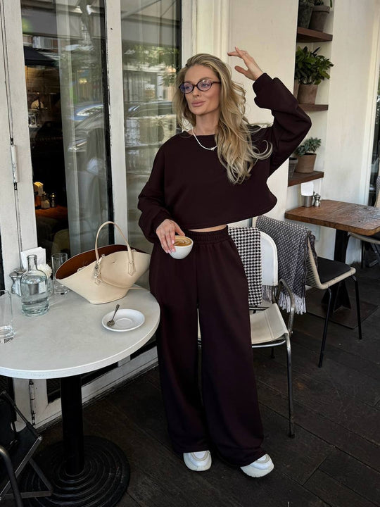Damen Relaxed-Zweiteiler mit cropped Rundhals-Sweatshirt und extraweiter High-Waist Palazzo-Jogginghose Nord Taschen