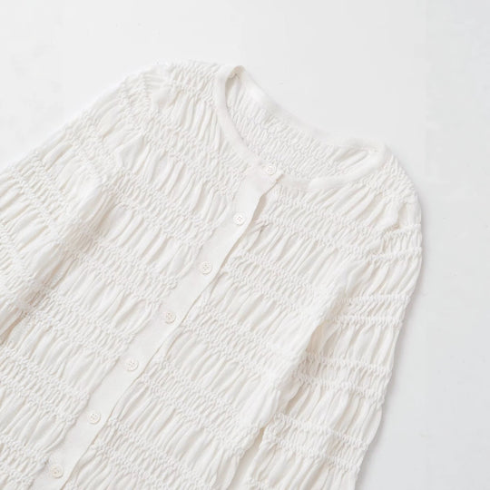 Damen Gesmoktes Feinstrick-Cardigan mit Rüschenabschluss und Knopfleiste Nord Taschen