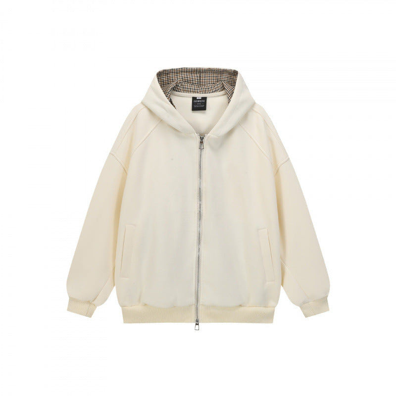 Unisex Oversize Kapuzen-Sweatjacke mit Karofutter, durchgehendem Reißverschluss und geripptem Saum Nord Taschen