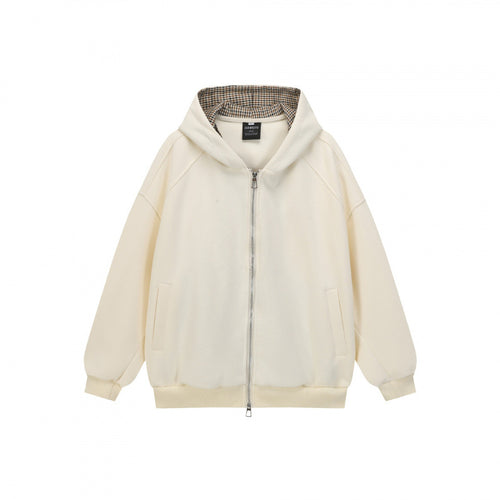 Unisex Oversize Kapuzen-Sweatjacke mit Karofutter, durchgehendem Reißverschluss und geripptem Saum Nord Taschen