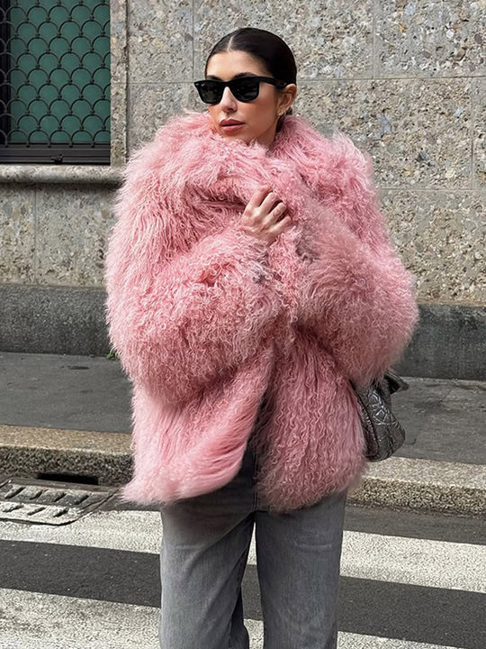 Damen Kurz geschnittener Shaggy Fauxfur Mantel mit voluminösem Schalkragen und Oversize-Silhouette Nord Taschen