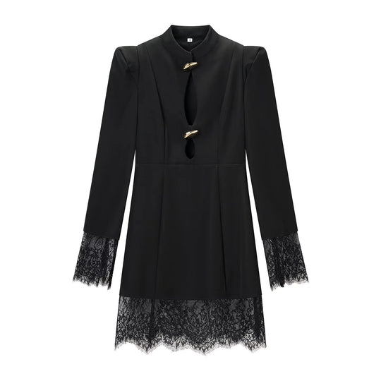 Damen Midikleid mit Stehkragen, Cut-Out‑Front, goldenen Zierverschlüssen und Spitzenbesatz Nord Taschen