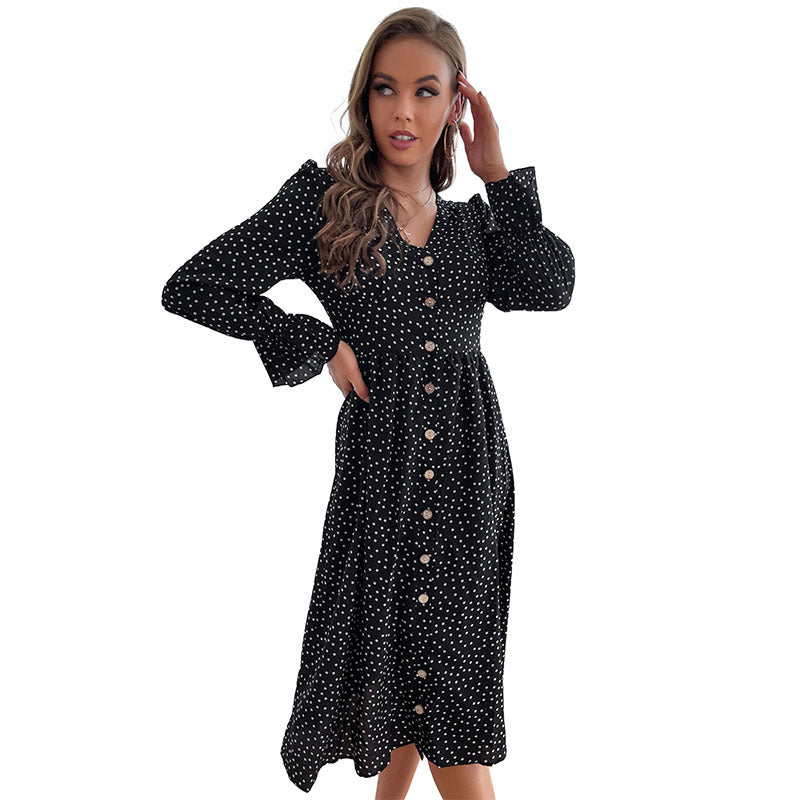 Damen Elegantes Polka-Dots Kleid mit Knopfdetails Nord Taschen