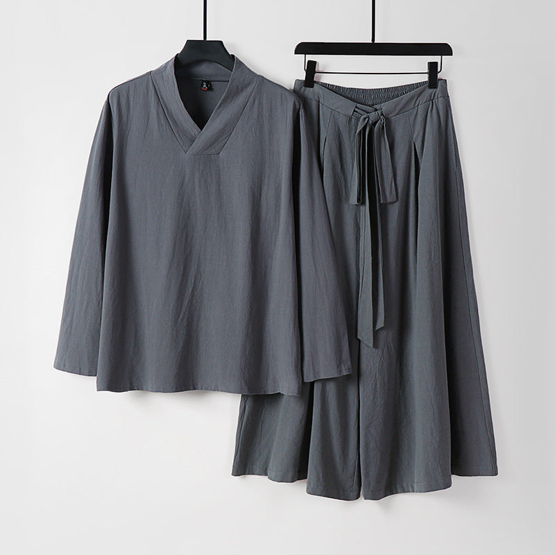 Damen Leichtes Leinen-Baumwoll Loungewear-Set mit V-Ausschnitt, weitem Midirock und Bindegürtel Nord Taschen