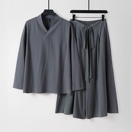 Damen Leichtes Leinen-Baumwoll Loungewear-Set mit V-Ausschnitt, weitem Midirock und Bindegürtel Nord Taschen