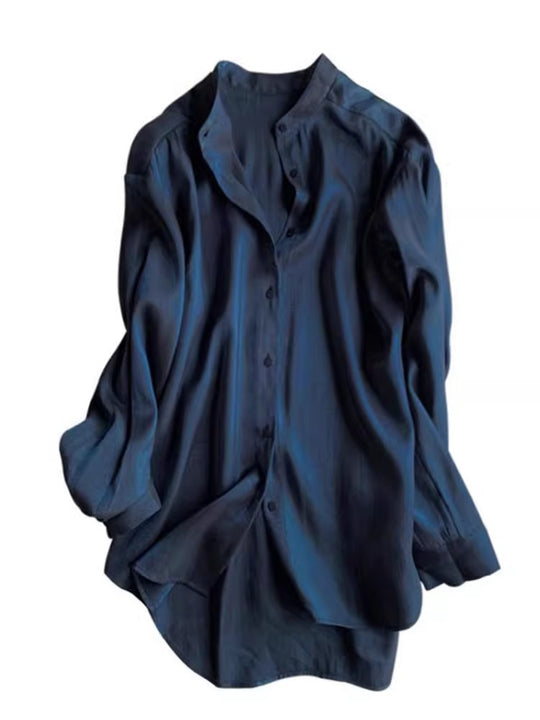 Damen Elegante satinierte Bluse mit Stehkragen Nord Taschen