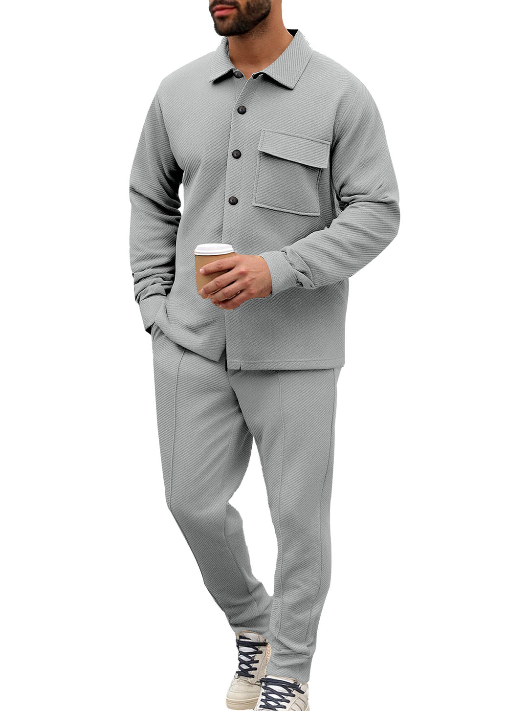 Herren Komfort-Zweiteiler Waffelstruktur-Hemdjacke mit Pattentasche und Relax-Bundhose Nord Taschen