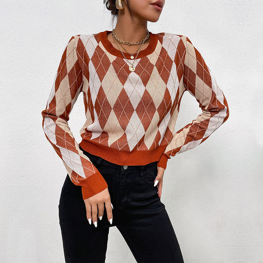 Damen Cropped Strickpullover mit Argyle-Rautenmuster und tailliertem Rippbund Nord Taschen