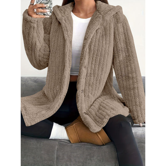 Damen Kapuzen-Teddy-Mantel mit Knopfleiste und Oversize-Schnitt Nord Taschen