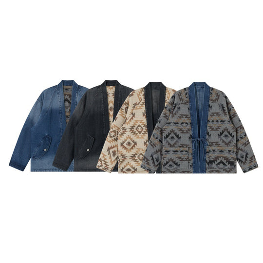 Unisex Jeans-Kimonojacke mit Bindegürtel und gemusterter Futterung Nord Taschen