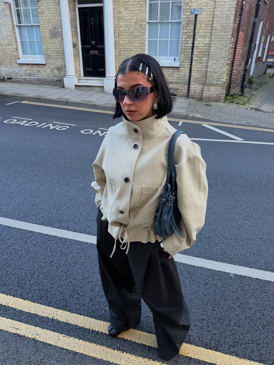 Damen Kurzgeschnittener Oversize-Canvas-Blouson mit Stehkragen Nord Taschen