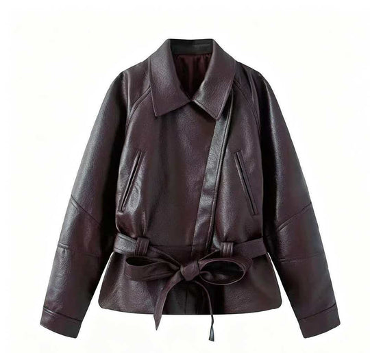 Damen Kurzjacke aus Kunstleder mit Taillengürtel und Hemdkragen Nord Taschen