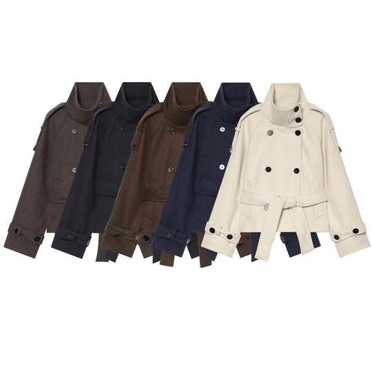 Damen Kurzer zweireihiger Cape-Mantel aus Wolle mit Stehkragen Schulterklappen und Bindegürtel Nord Taschen