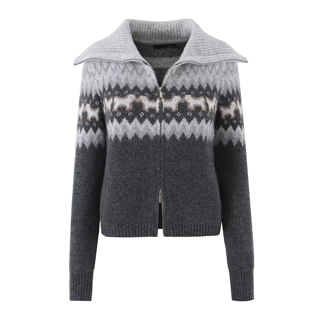 Damen Gestrickte Zip-Cardigan mit Norwegermuster und extra breitem Umlegekragen Nord Taschen