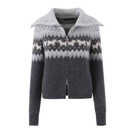 Damen Gestrickte Zip-Cardigan mit Norwegermuster und extra breitem Umlegekragen Nord Taschen