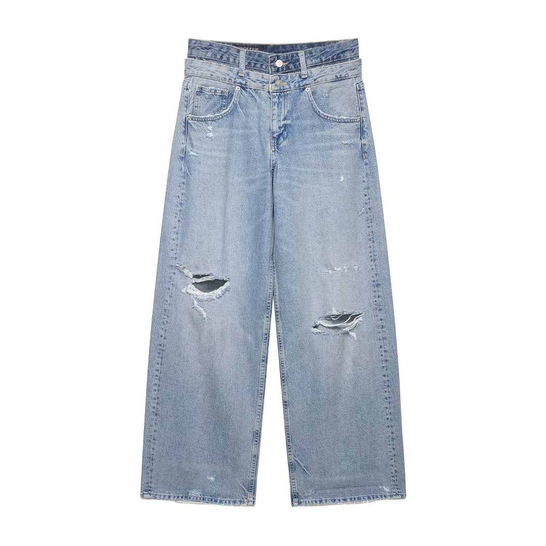 Damen Locker-sitzende Distressed Denim-Jeans mit weitem Cropped-Bein Nord Taschen