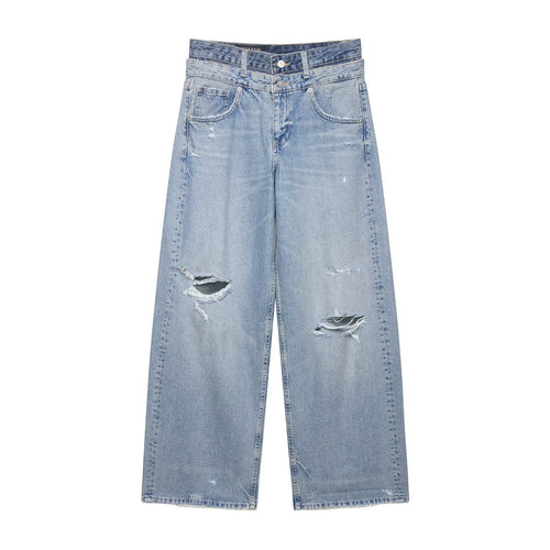 Damen Locker-sitzende Distressed Denim-Jeans mit weitem Cropped-Bein Nord Taschen