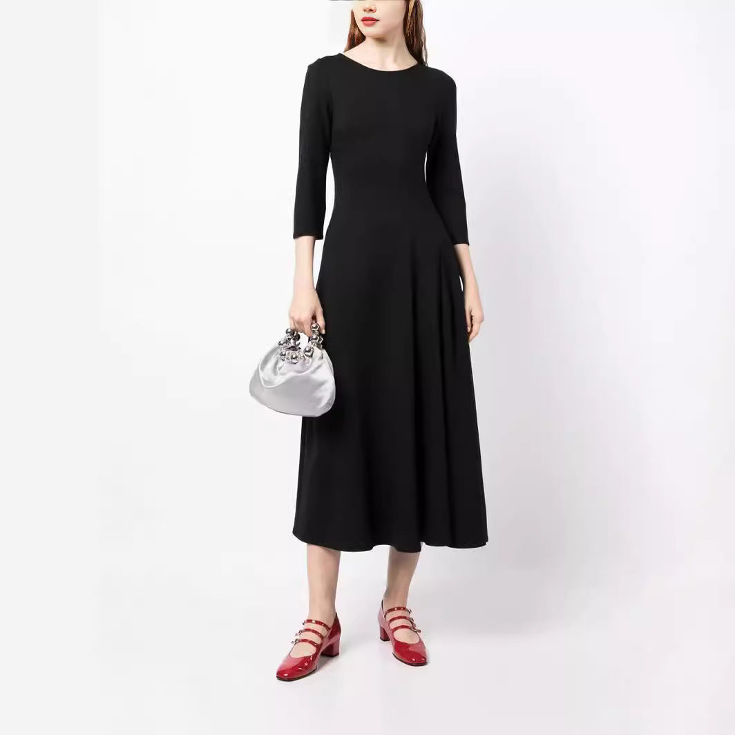 Damen Elegantes Midikleid mit tailliertem A-Linien-Schnitt und dreiviertel Ärmeln Nord Taschen