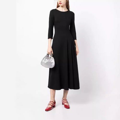 Damen Elegantes Midikleid mit tailliertem A-Linien-Schnitt und dreiviertel Ärmeln Nord Taschen