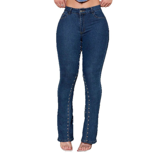 Damen hochtaillierte Jeanshose mit schmalem Oberschenkel, ausgestelltem Bein und vorderer Druckknopfleiste Nord Taschen