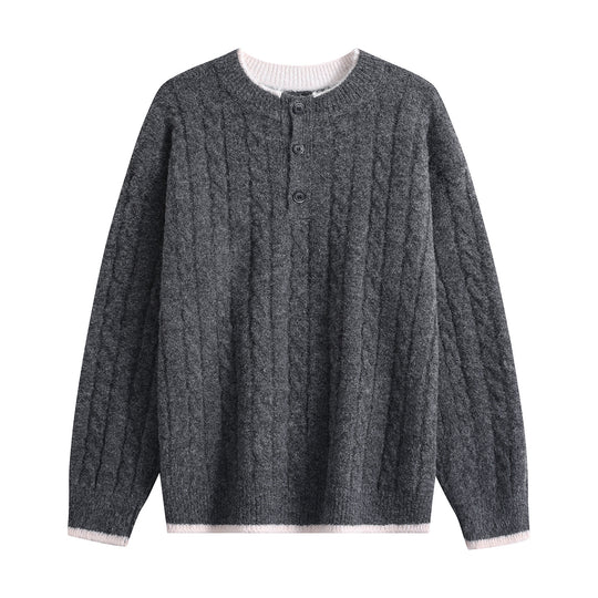 Damen Zopfmuster-Henley-Pullover mit Rundhalsausschnitt & Knopfleiste Nord Taschen
