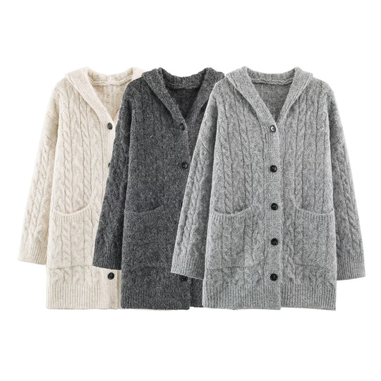 Damen Langgestrickter Kapuzen-Cardigan mit Zopfmuster und Knopfleiste Nord Taschen