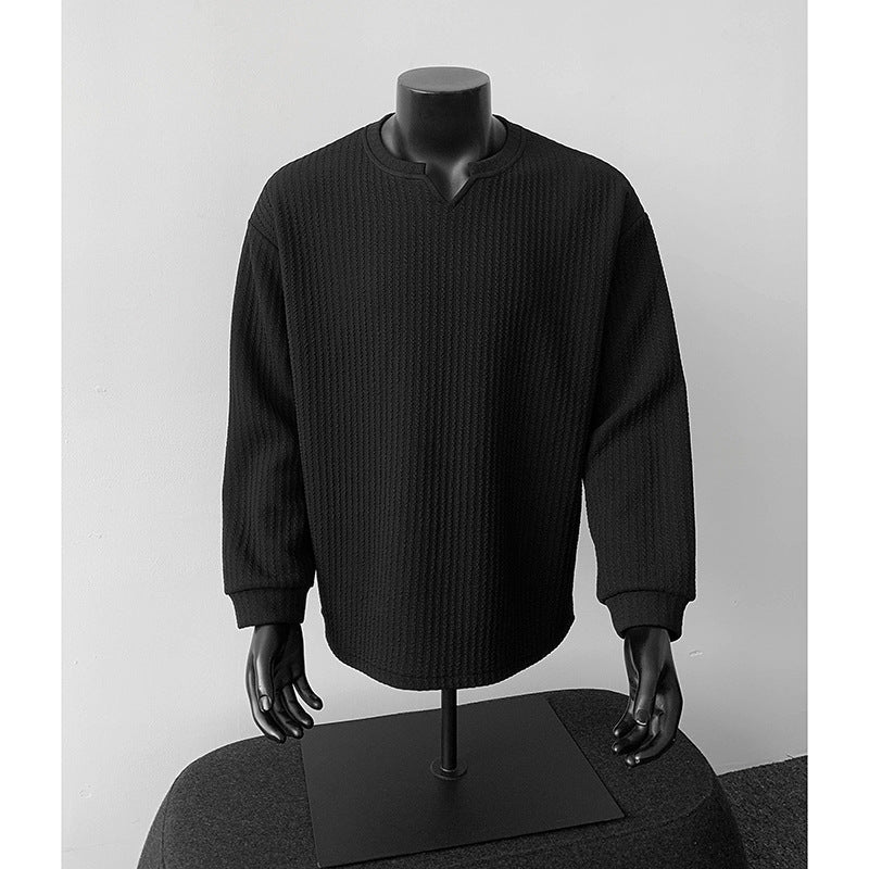 Herren grobstrukturierter Strickpullover mit V-förmigem Schlitzkragen und gerundetem Saum Nord Taschen