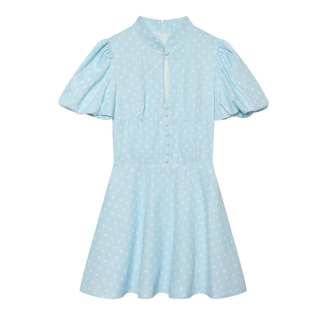 Damen Gepunktetes A‑Linien‑Kleid mit Stehkragen, Taillierung und Ballonärmeln Nord Taschen