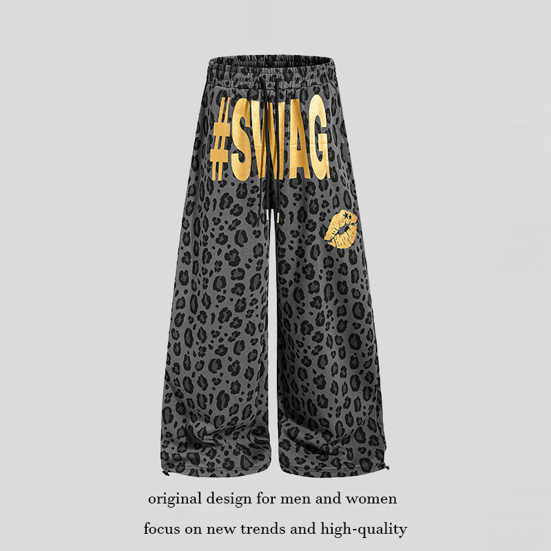 Damen Weite Palazzo-Sweathose im Leo-Muster mit hohem Komfortbund, Kordelzug und goldigem Statement-Print Nord Taschen