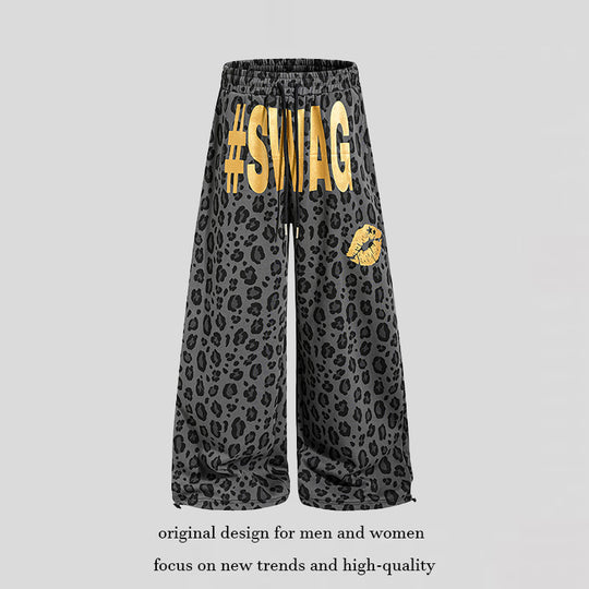Damen Weite Palazzo-Sweathose im Leo-Muster mit hohem Komfortbund, Kordelzug und goldigem Statement-Print Nord Taschen