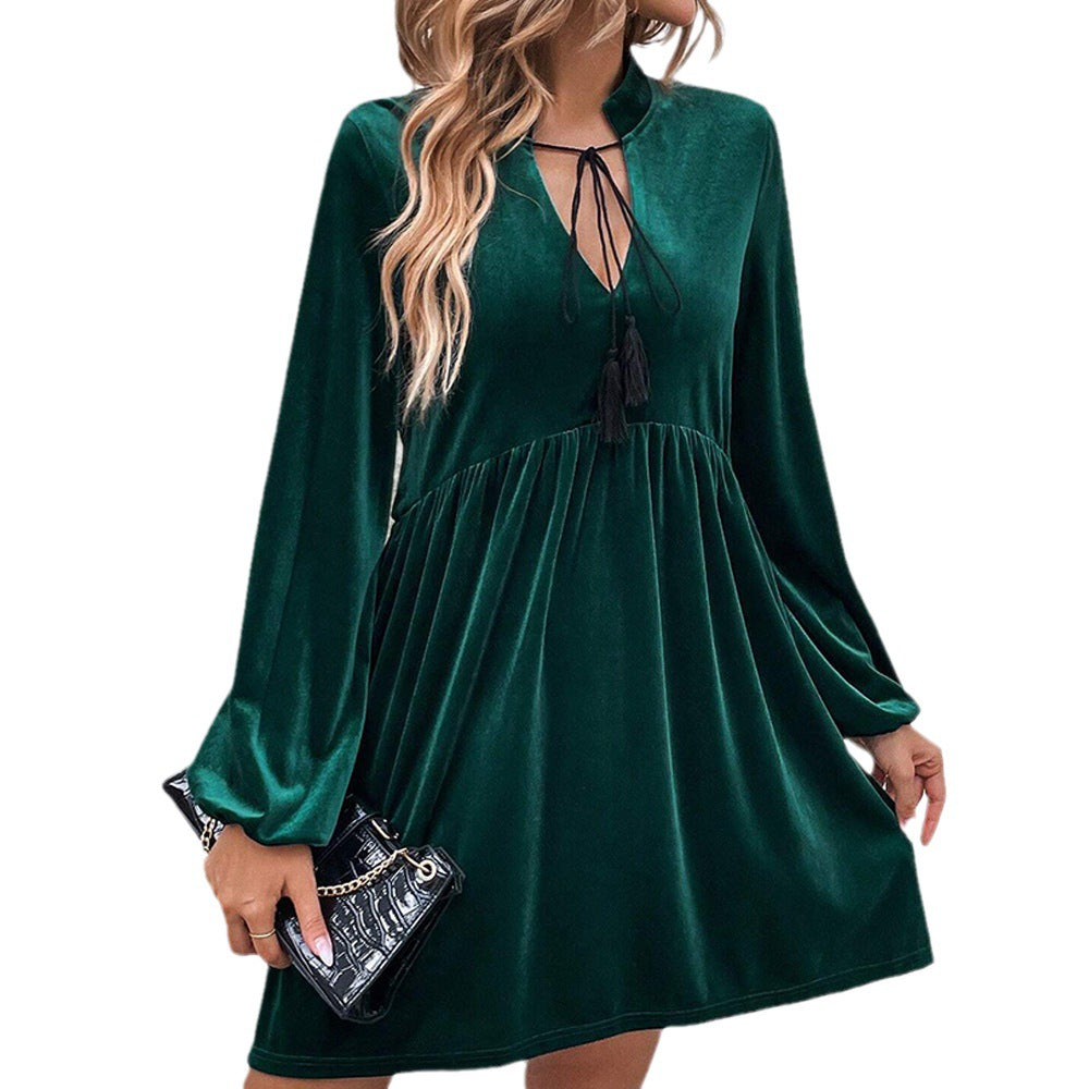Damen samtiges Babydoll-Minikleid mit Empire-Taille Quastenbindung und langen Glockenärmeln Nord Taschen