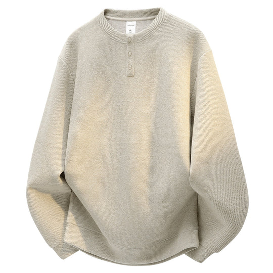 Herren Oversize Strukturierter Henley-Strickpullover mit dreifacher Knopfleiste Nord Taschen