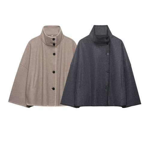Damen Wollmix-Cape mit hohem Stehkragen, Knopfleiste und Ziernaht Nord Taschen