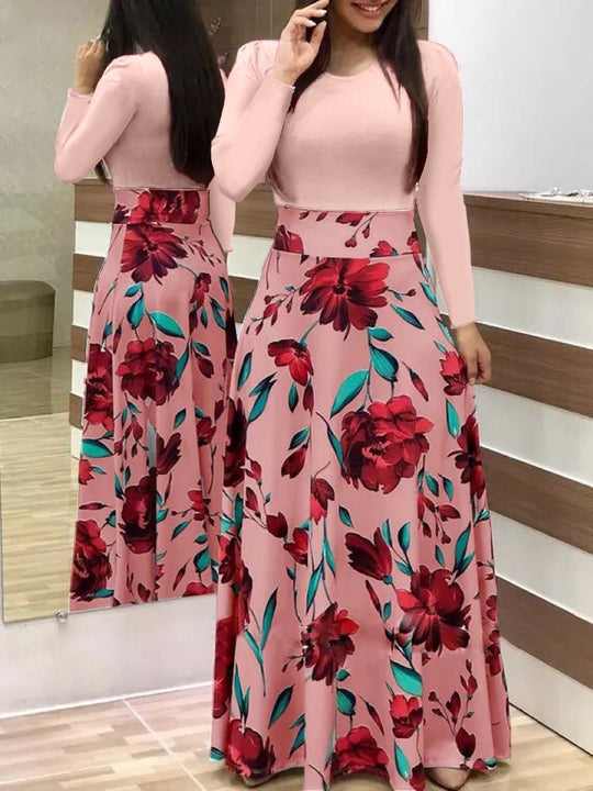 Damen Zweiteilig wirkendes Maxikleid mit figurbetontem Jersey-Oberteil und weitem Blumenrock Nord Taschen