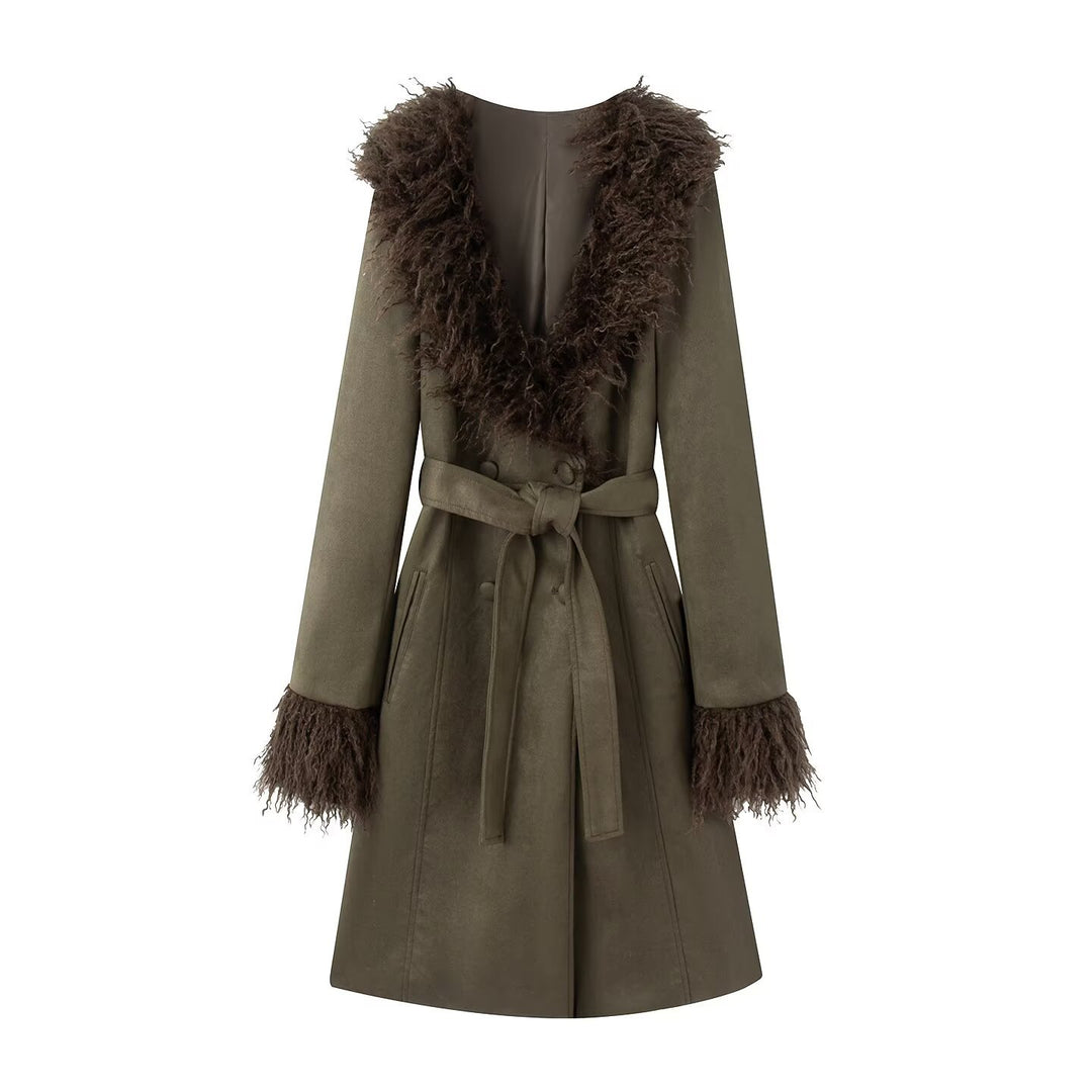 Damen Taillierter langer Mantel aus Veloursimitat mit Faux‑Fellkragen und Bindegürtel Nord Taschen