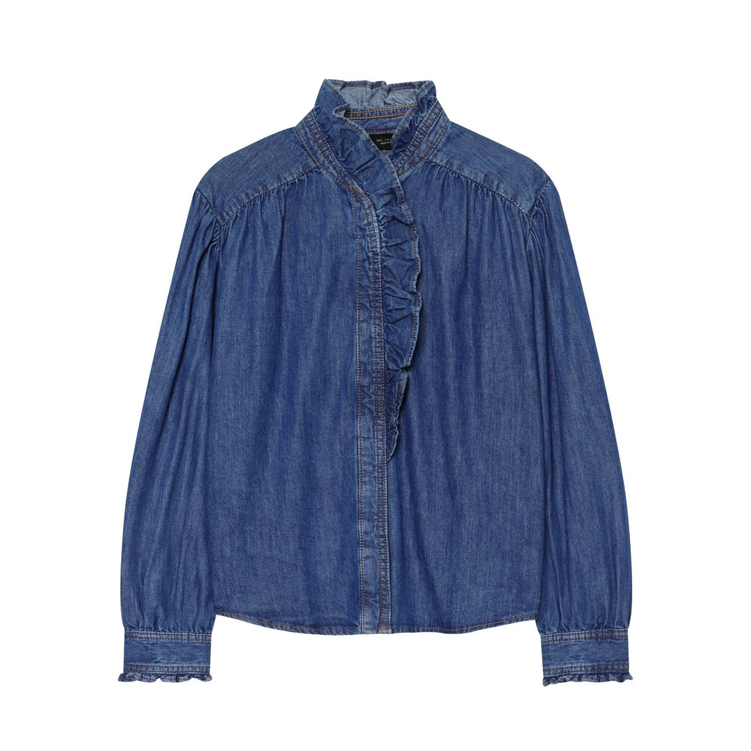 Damen Denimbluse mit Rüschenstehkragen, Ballonärmeln und geraffter Schulter Nord Taschen