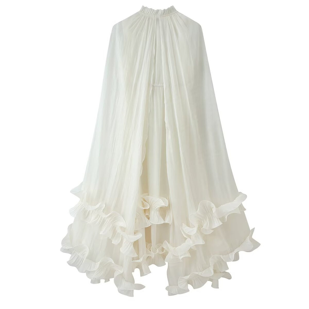 Damen Maxikleid mit Volant‑Cape, mehrlagigem Stufenrock und Stehkragen Nord Taschen